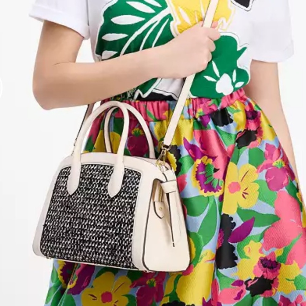 ♠️ KATE SPADE || Knott Raffia Tweed Medium Zip-top Satchel+dustbag, parchment - Picture 5 of 16